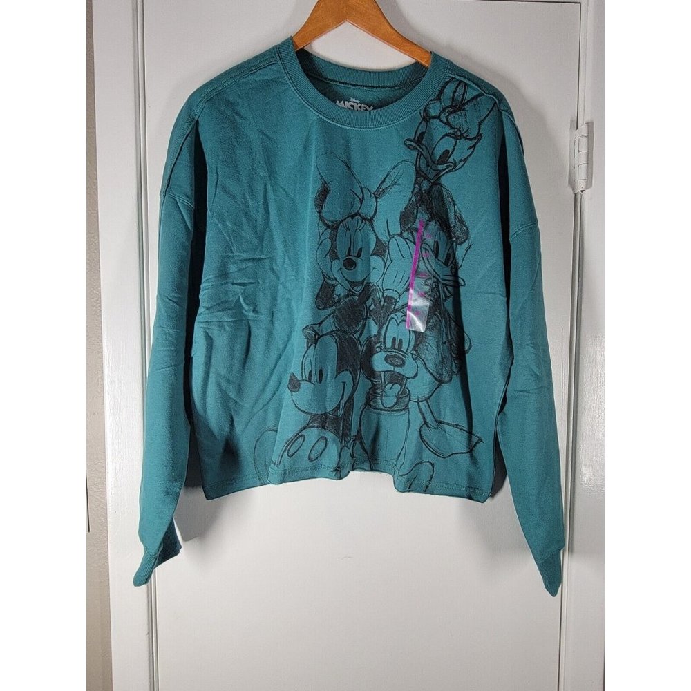 Disney womens crop‎ top crew neck sweater Mickey and friends 2XL XXL TEAL